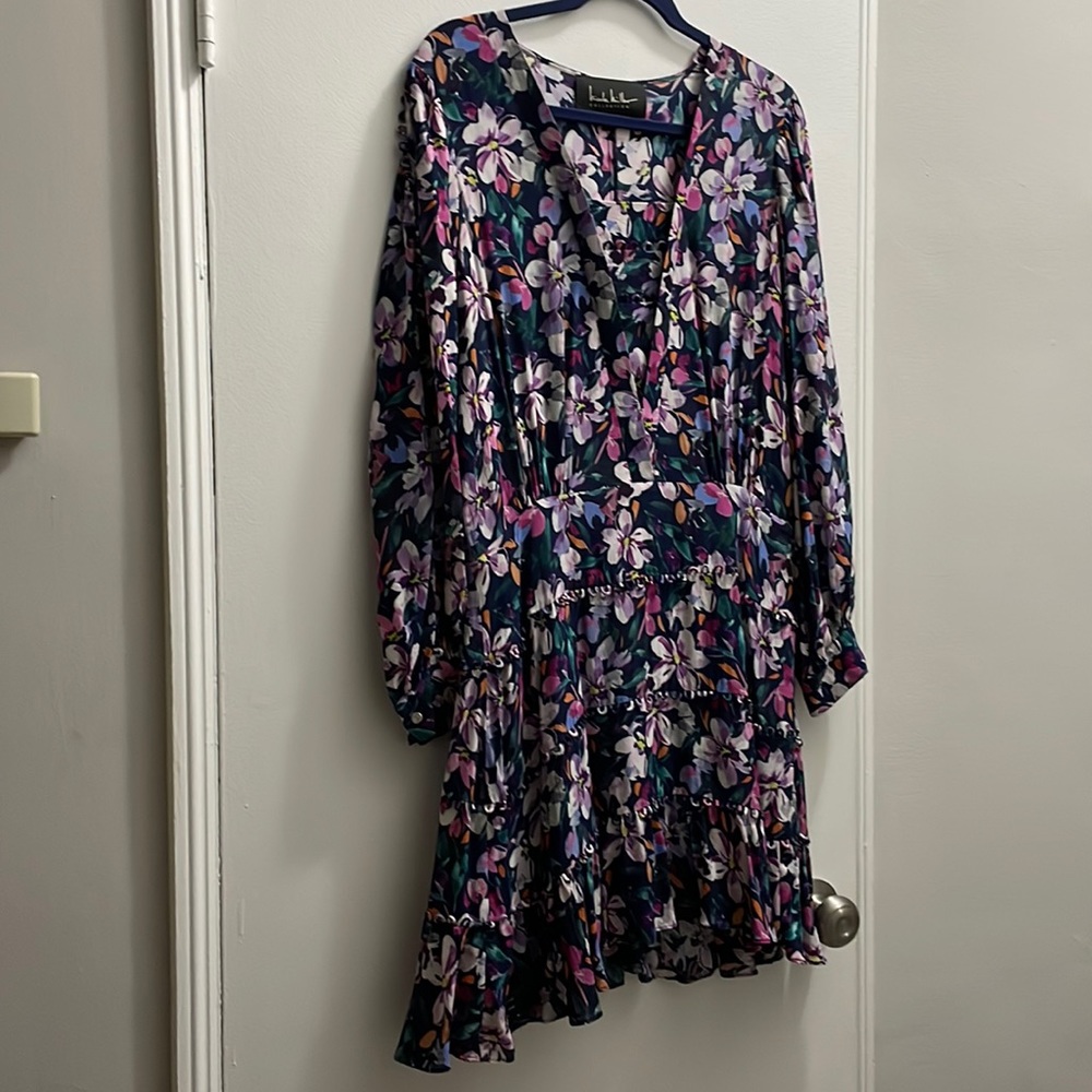 Nicole Miller collection floral long sleeve silk blend dress
